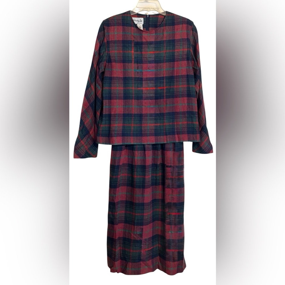 Vintage Henry-Lee Plaid Wool Blend Faux Two-Piece Dress Cranberry Navy Green M